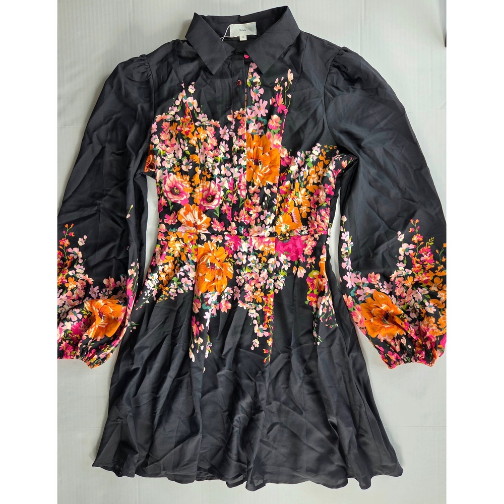 YstGuic Floral Mini Dress Womens Small Black Balloon Sleeve A-Line